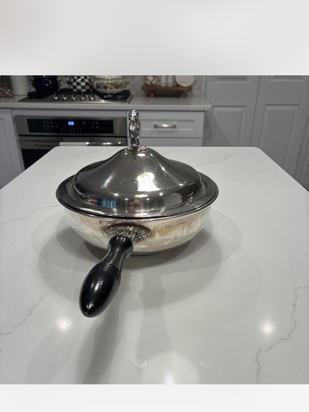 Vintage Silver-Tone Covered Serving Pan with Black Handle - Picture 3 of 4